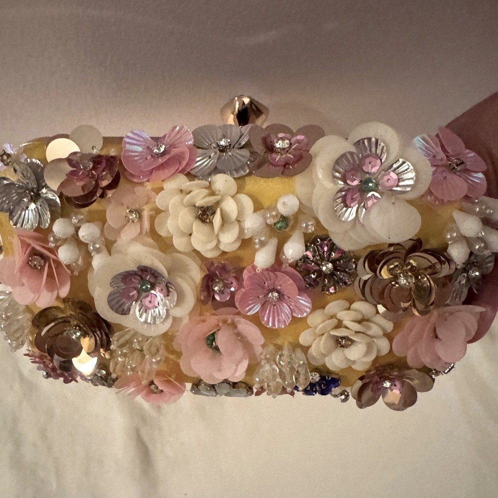 New Floral Embellished Clutch - Yellow and Pink